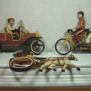 Vintage Homco wallhanging set-old car, tandem bike, horse & carriage-1975